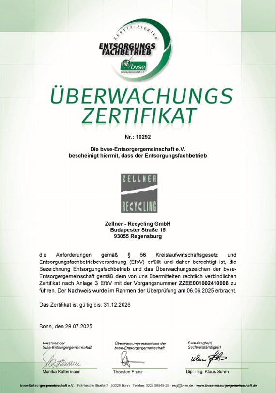 Zellner Recycling GmbH - Zertifikat Entsorgungsfachbetrieb