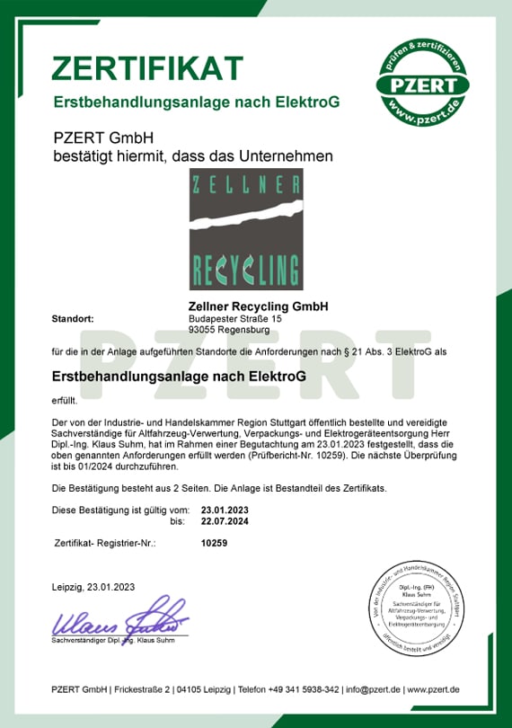 Zellner Recycling GmbH - Zertifikat Erstbehandlungsanlage ElektroG