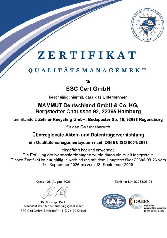 Zellner Recycling GmbH - Zertifikat DIN 9001 Qualitätsmanagement