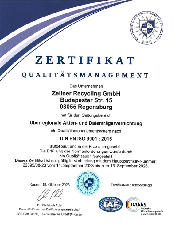 Zellner Recycling GmbH - Zertifikat DIN 9001 Qualitätsmanagement